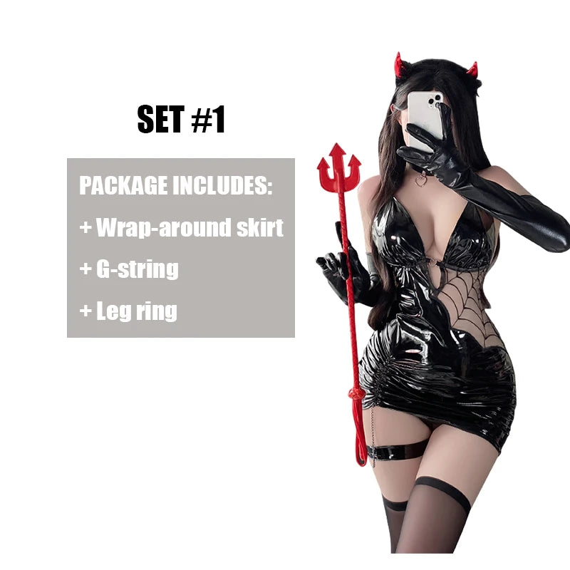 Porn Women Sexy Lingerie Seductive Spiderweb Faux Leather Bodycon Dress Tight Hip Halloween Outfit Stocking