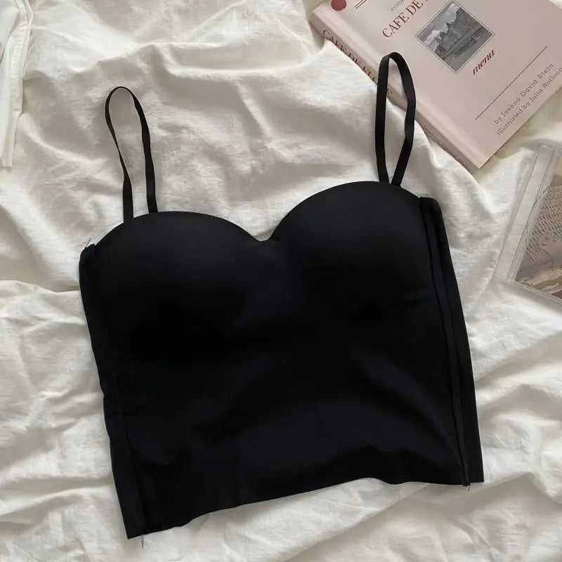 Aishang - Camiseta interior de seda fina sin tirantes para mujer, con espalda francesa, copa fija integrada, para uso exterior, con efecto envuelto en el pecho