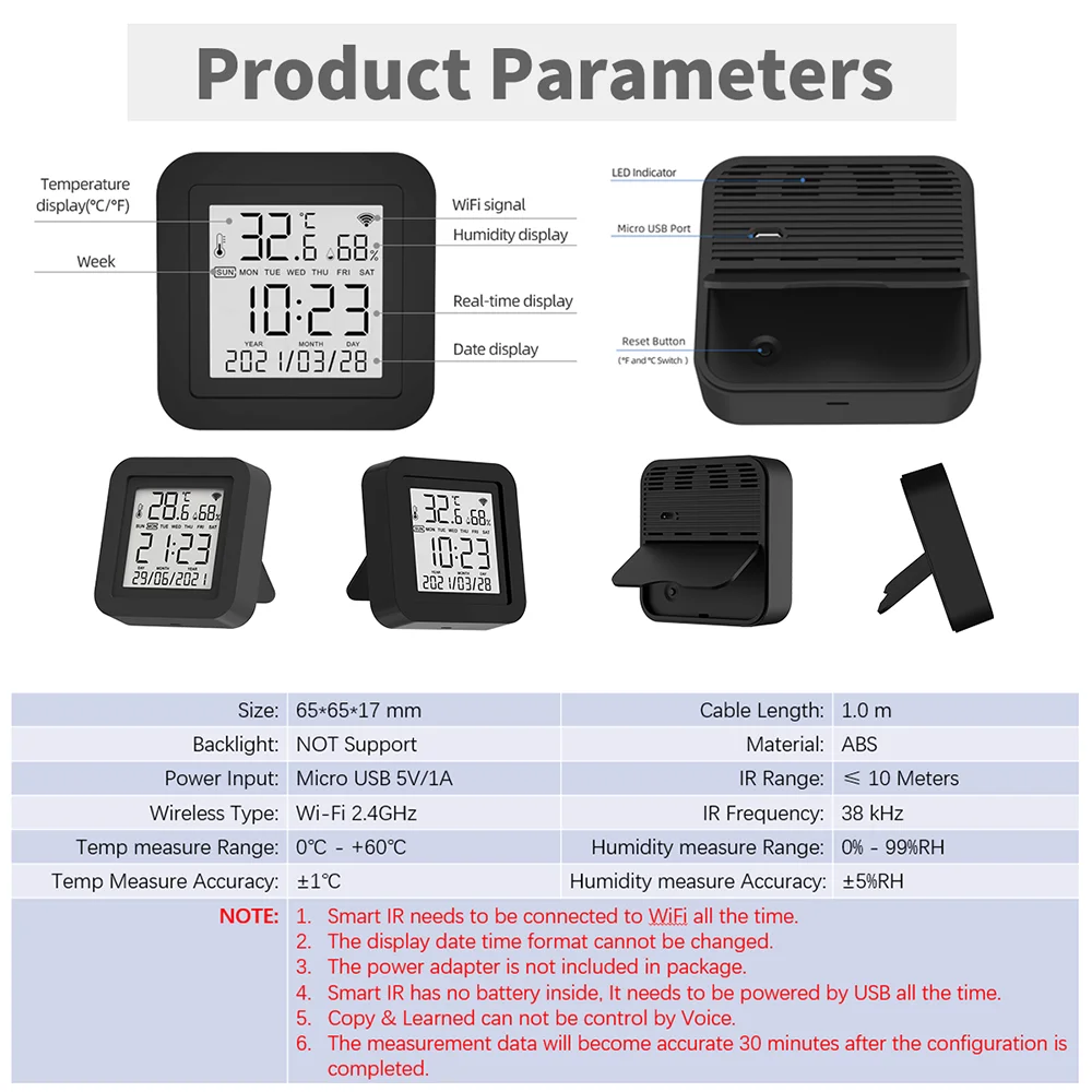 Control remoto universal infrarrojo inteligente Tuya con sensor de temperatura y humedad para aire acondicionado, TV, aire acondicionado, compatible con Alexa, Google Home y Yandex.