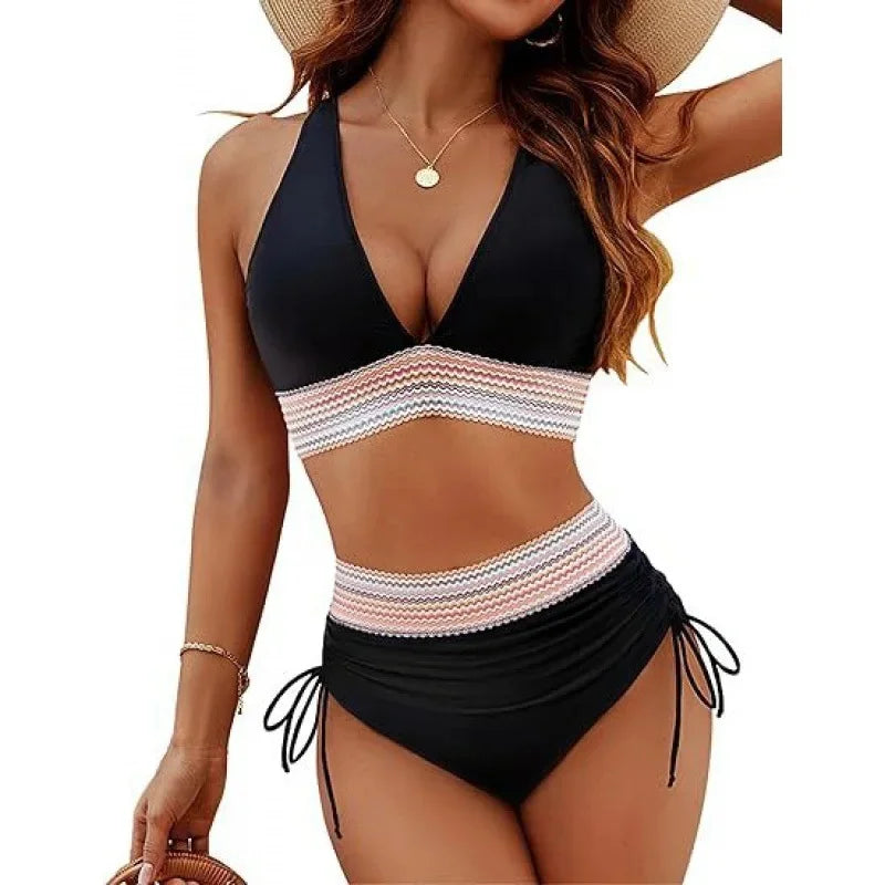 Conjunto de bikini de cintura alta con cinturón de tejido de color puro sexy para mujer, traje de baño de estilo ruso, ropa de playa de moda para mujer