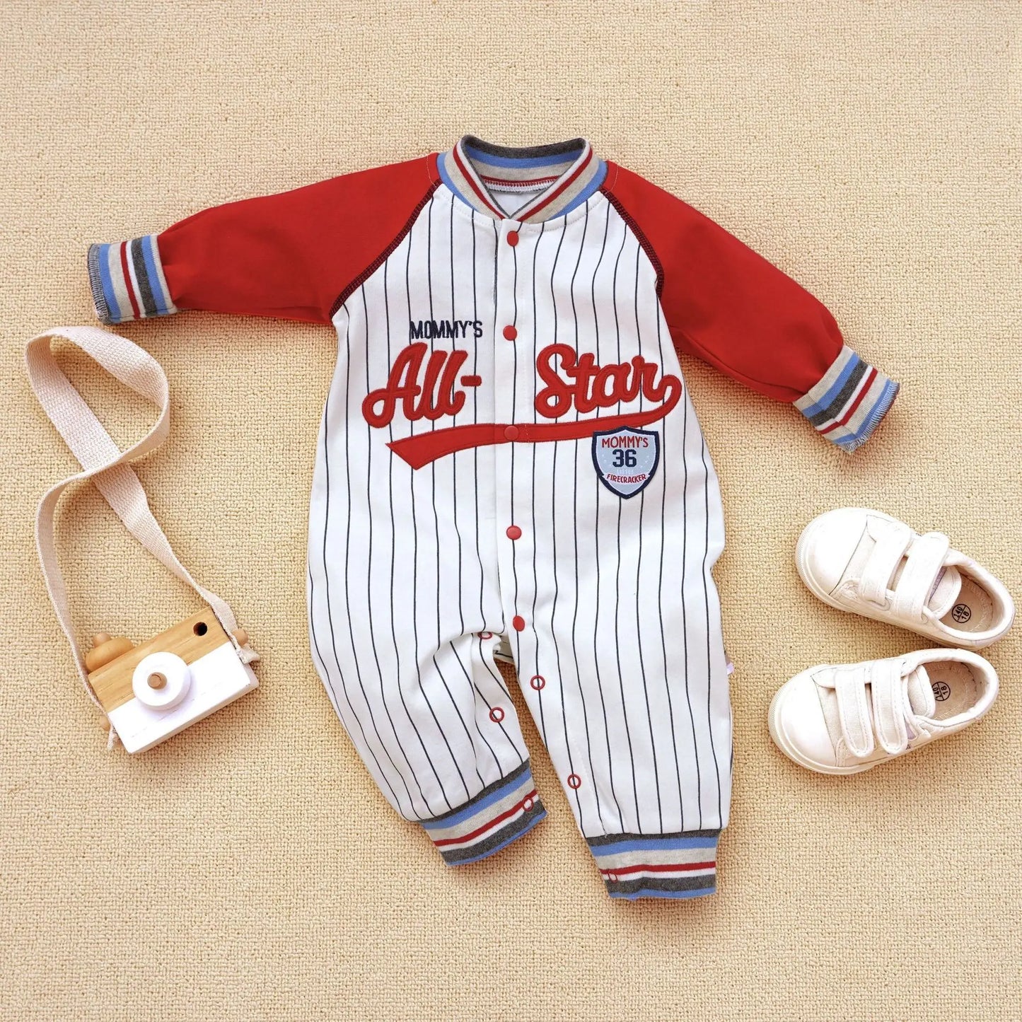 Ropa de bebé, mono para recién nacidos, ropa para niños pequeños, estilo deportivo de béisbol, ropa de algodón para bebés, ropa de primavera para niños pequeños.