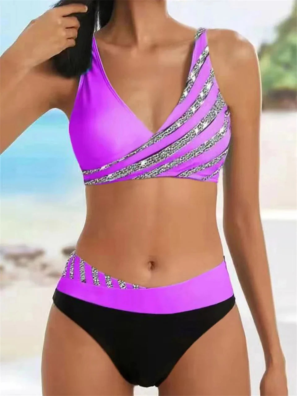 Conjunto de bikini con cuello en V 2024 para mujer, traje de baño de verano con estampado de rayas y patchwork, ropa de playa, traje de baño para mujer, talla 2XL