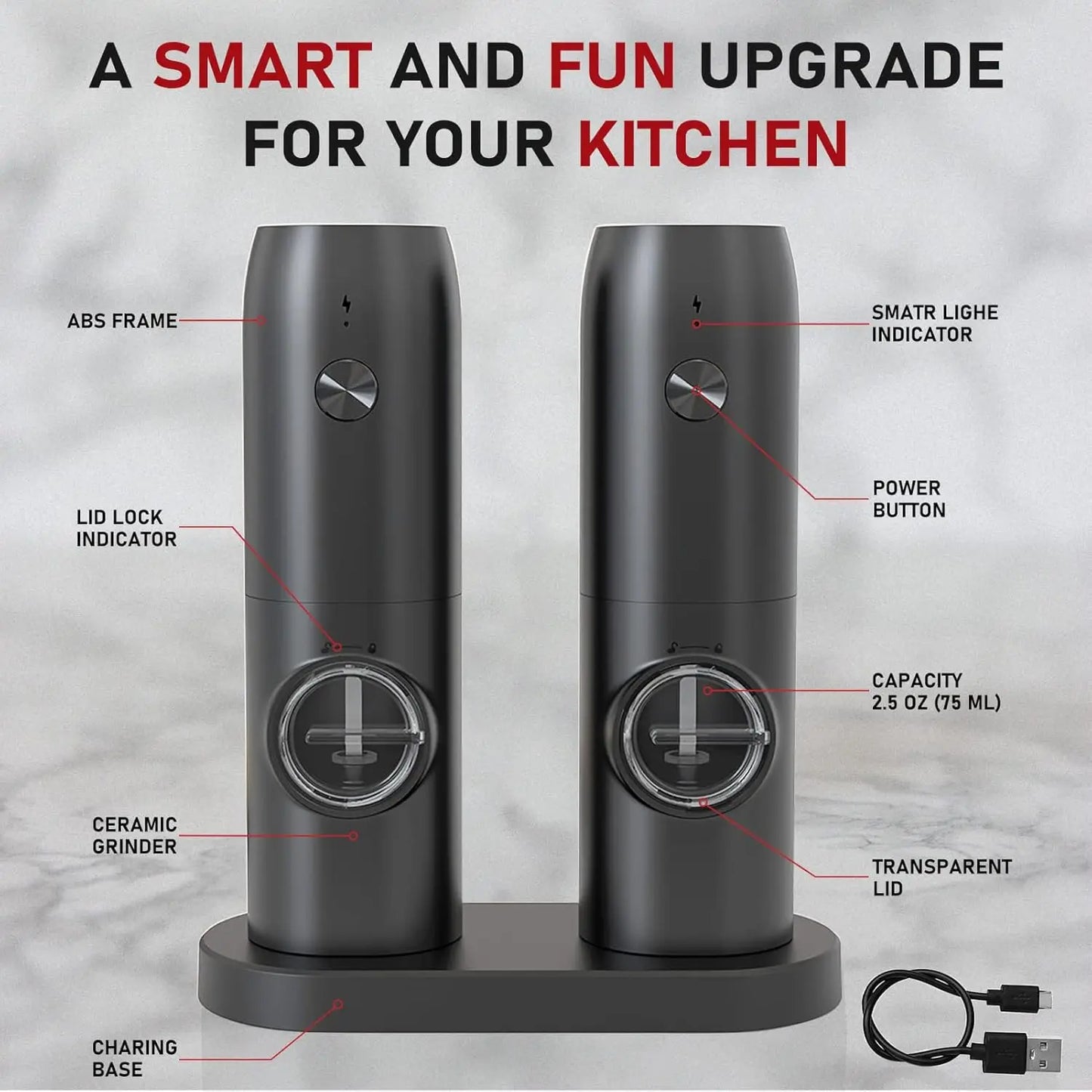 Juego de 2 molinillos eléctricos de sal y pimienta, molinillo de pimienta automático, recargable por USB, grosor ajustable, manejo con una sola mano
