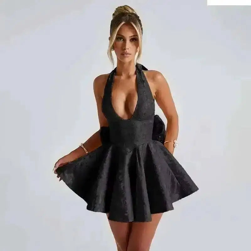 Townlike Jacquard Waist Wrap A-line Dress Women Mini 2024 Spring Summer Dress Elegant Bow Backless Sexy Party Dresses