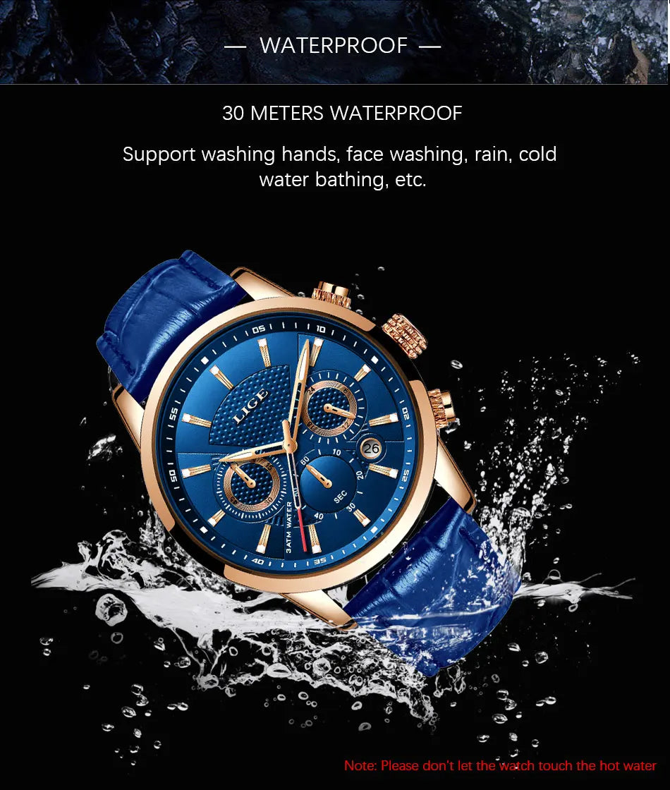 LIGE 2024 Reloj de lujo para hombre, reloj de cuarzo informal de negocios, reloj de pulsera de cuero a la moda para hombre, reloj impermeable para hombre