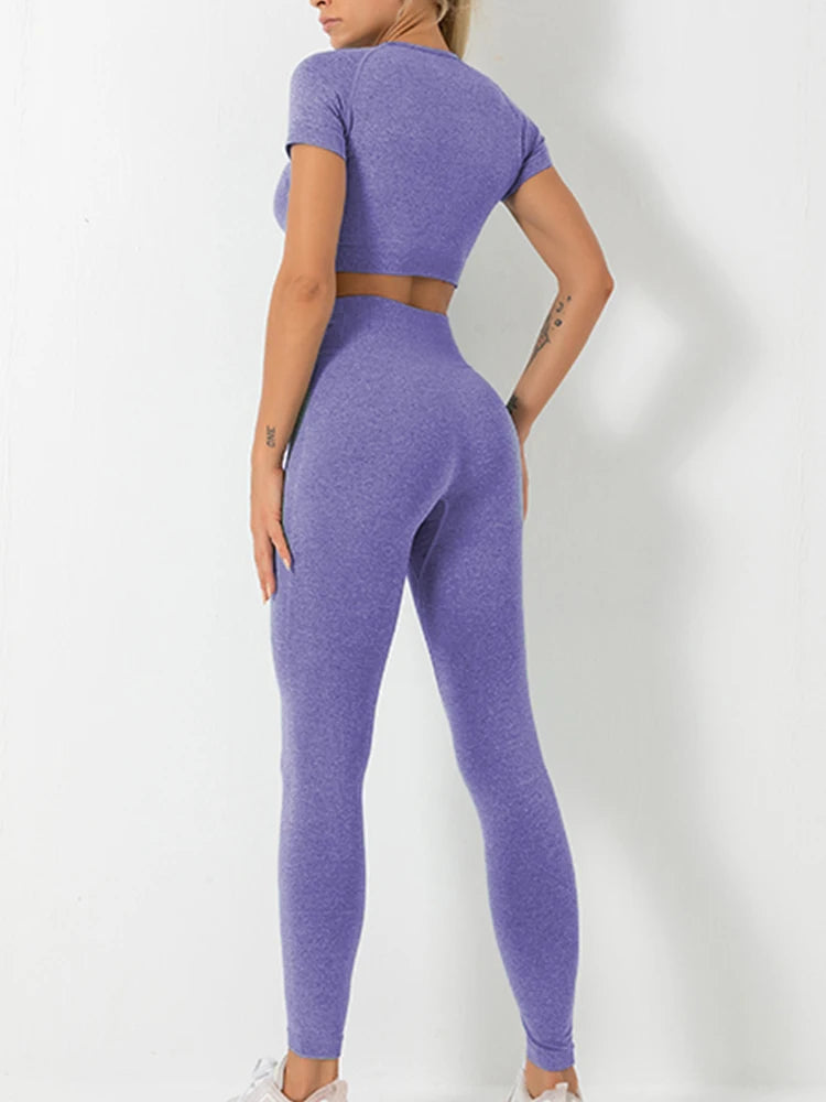 Conjunto de yoga de verano para mujer, cuello redondo, cintura alta, levantamiento de cadera, ajustado, moldeador, conjunto deportivo de dos piezas para fitness