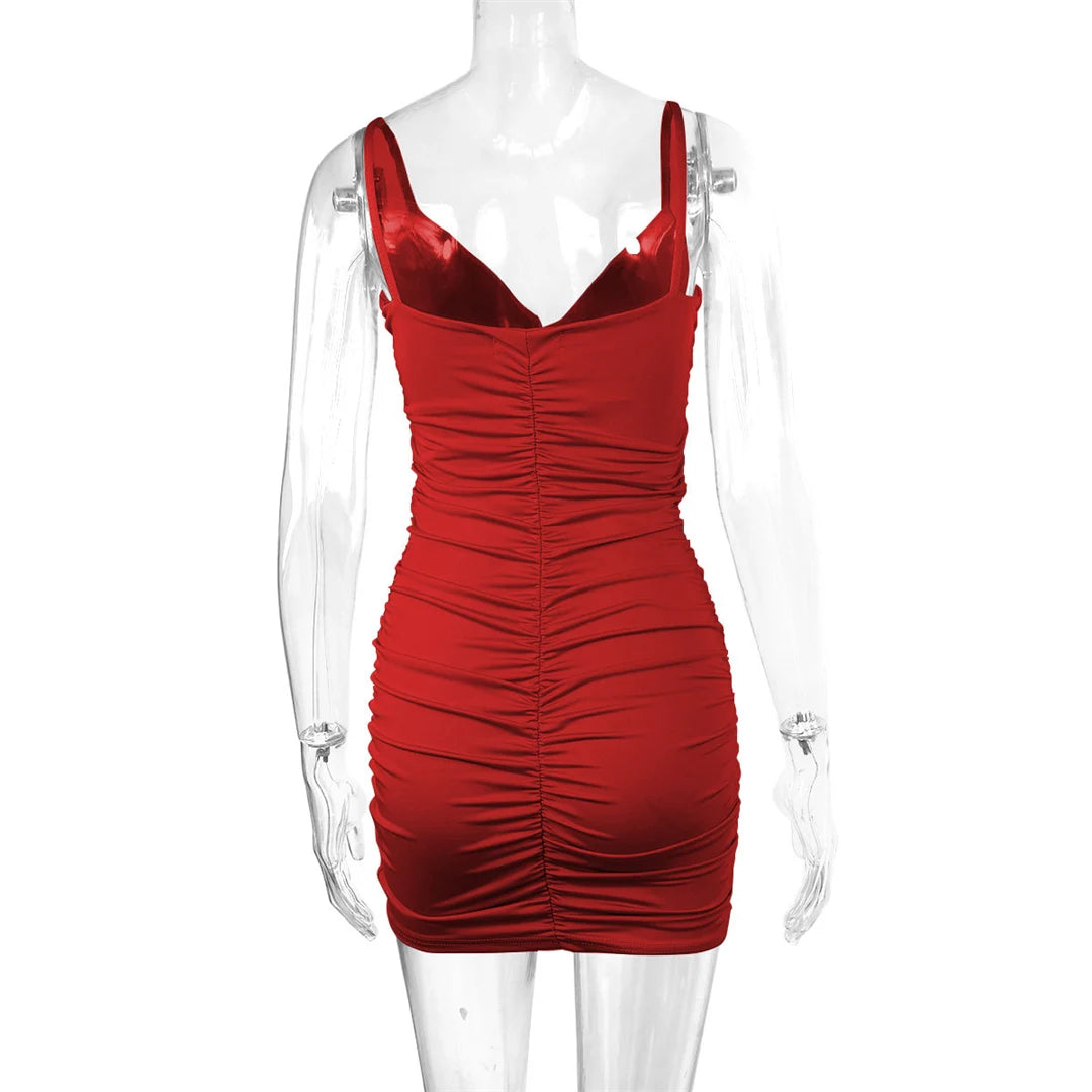 7 Color Sexy Wrinkled Pleated V Neck Sling Dress Short Club Ladies 2025 Summer Bodycon Dress Evening Party Tight Mini Dress D007