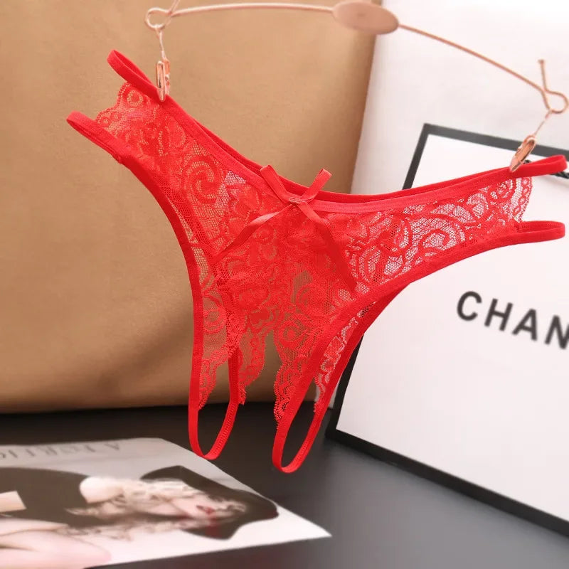 Lencería sexy para mujer, bragas transparentes con abertura en la entrepierna, tangas con lazo, ropa interior de encaje para mujer