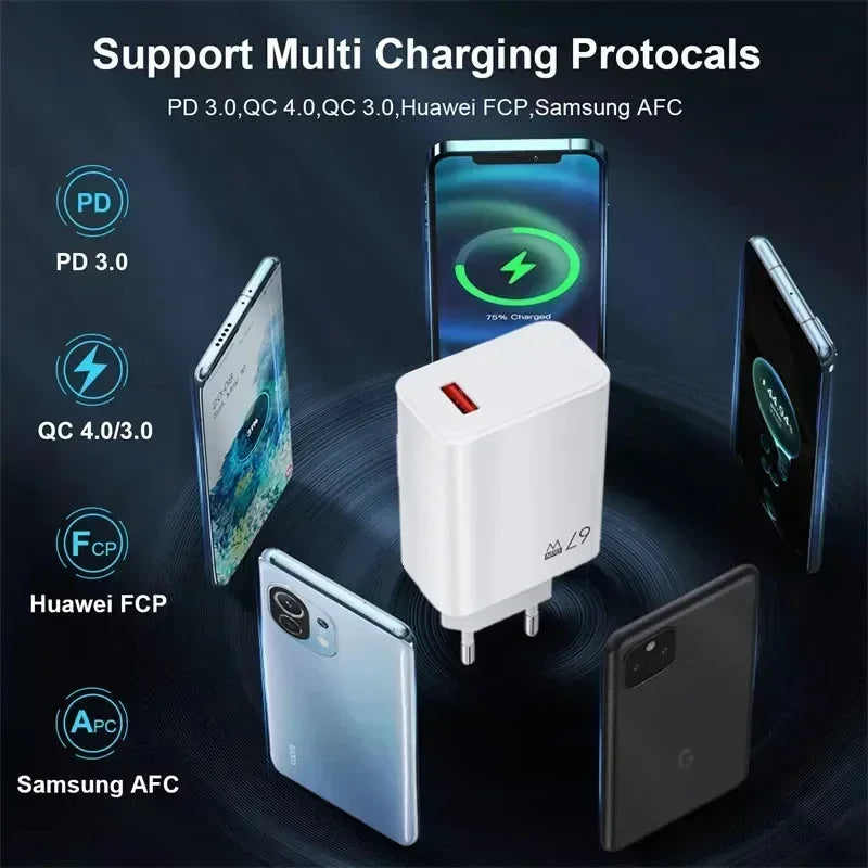 Cargador USB de carga rápida de 67 W con cable tipo C de 6 A para Xiaomi 14 Ultra Pro, Redmi Note 13 Pro, X5, F5 Pro y adaptador de pared para teléfono móvil.
