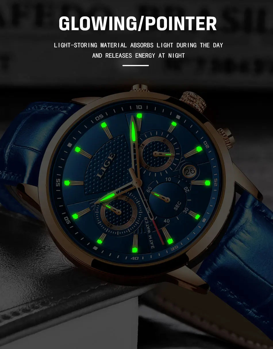 LIGE 2024 Reloj de lujo para hombre, reloj de cuarzo informal de negocios, reloj de pulsera de cuero a la moda para hombre, reloj impermeable para hombre