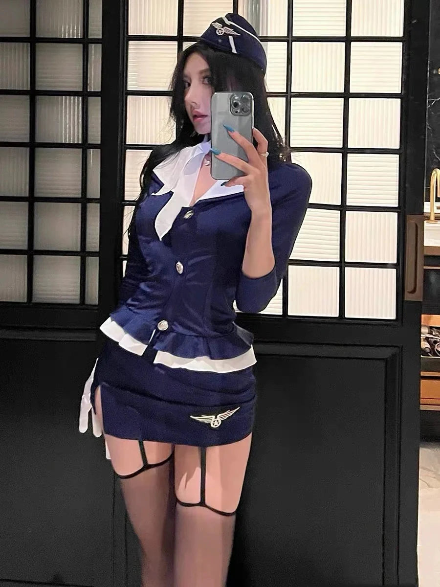 2025NEW Airline Stewardess Cosplay For Woman Sexy Air Hostess Uniform Halloween Costumes Fancy Role Play Party