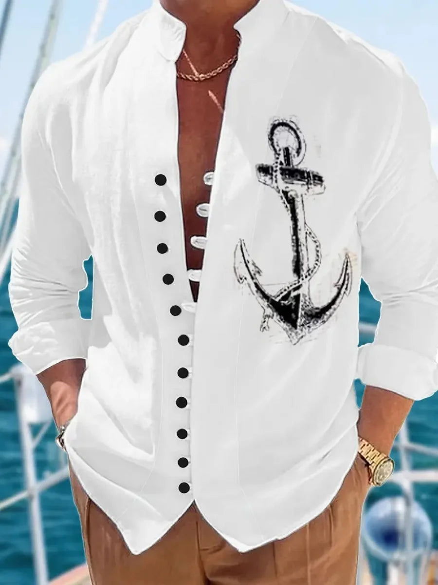 Nueva camisa de lino para hombre, con botones, patrón de tendencia de moda, corte ajustado, cómoda y suave, nueva marca retro.