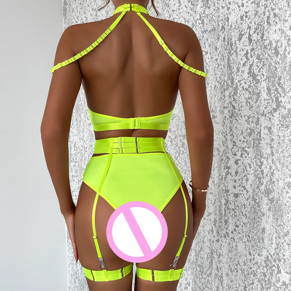 Conjunto de lencería sexy para mujer, con panel de encaje, escote en V profundo, glúteos abiertos, tirantes con forma de corazón de melocotón, cadena cruzada, liguero, ropa interior de tres piezas