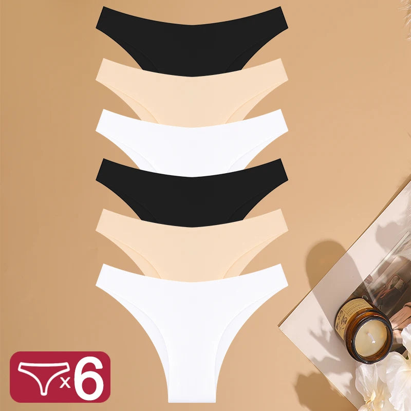 Conjunto de 6 bragas de cintura baja de talla grande, sin costuras, de seda helada, ropa interior sexy para chica, bragas de algodón con entrepierna, pantalones brasileños transpirables.