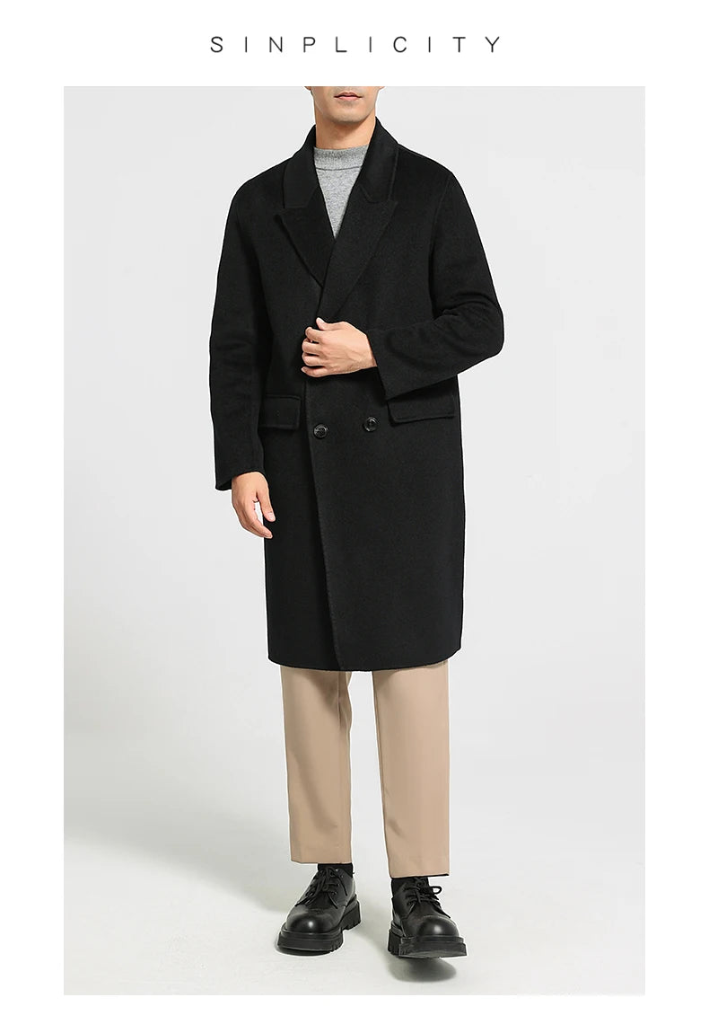 Autumn Winter New 100% Wool Double-sided Wool Coat Men's Korean Suit Collar Wide Fluffy Woolen Coat Simple and Luxurious