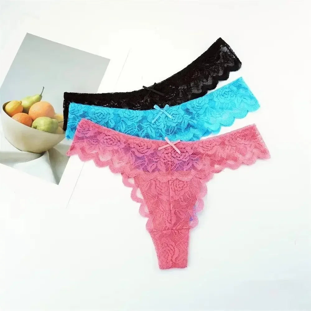 Tanga sexy de encaje de cintura baja para mujer, bragas transparentes, ropa interior erótica, 3 unidades, envío gratis