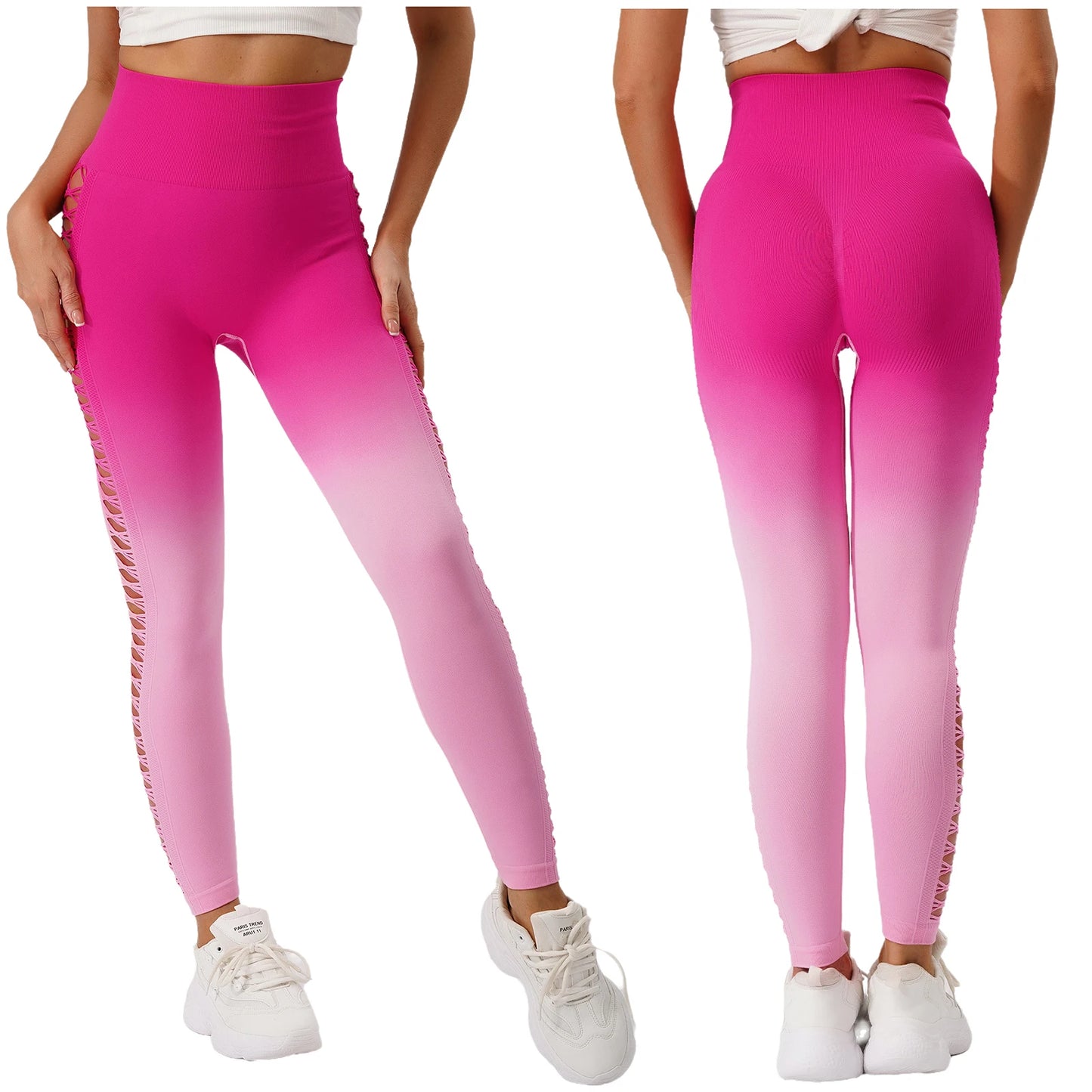 Womens Hip Tight Yoga Pants High Waist Side Hollowed-Out Mesh Design Exercise Yoga Leggings Running Gym Fitness