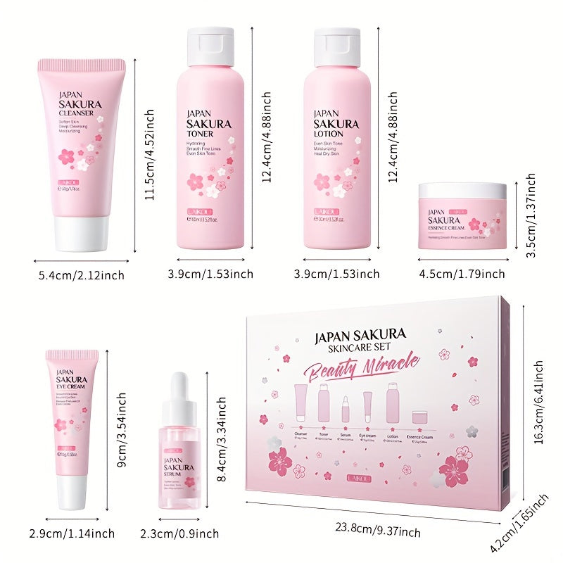 Sakura Skin Care - Caja de regalo (6 unidades): Limpiador con control de grasa (50 g), Sérum (0,57 oz), Crema facial (25 g), Sérum para unificar el tono de la piel (0,57 oz), Loción tónica hidratante (3,38 oz)