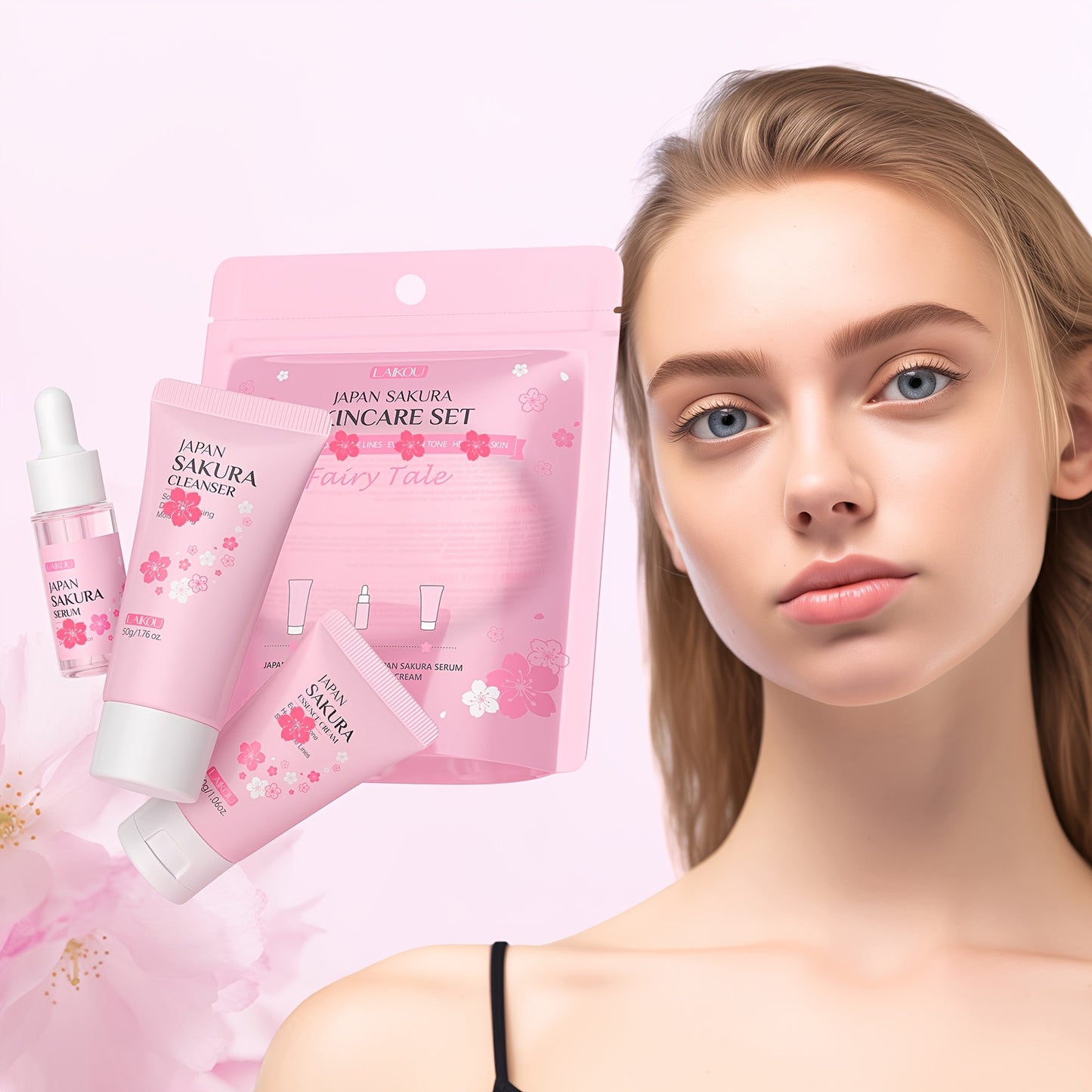 LAIKOU Sakura Cleanser - Set de 3 piezas para el cuidado de la piel: Limpiador facial (50 g), Suero (0,57 oz), Hidratante (30 g), Tono de piel uniforme, Suaviza las líneas de expresión.