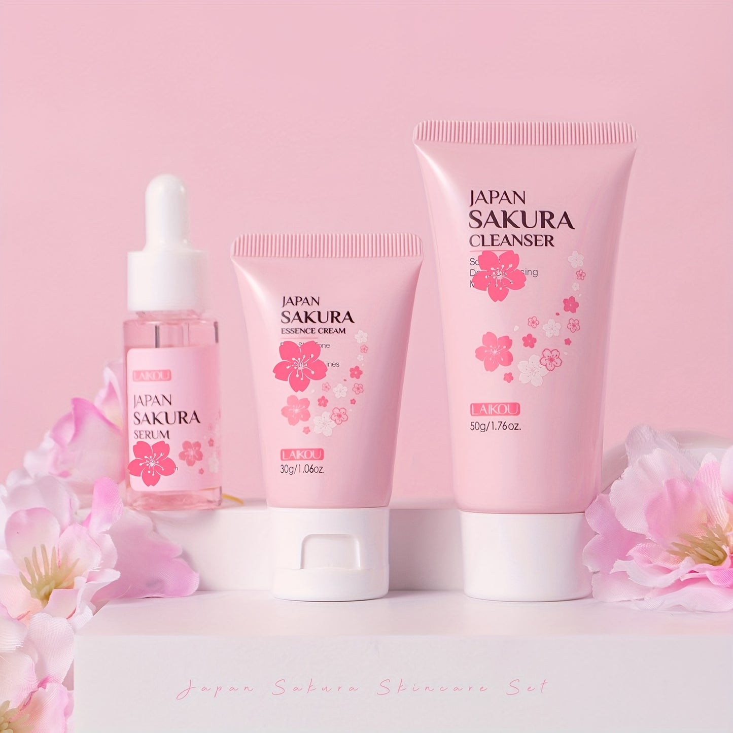 LAIKOU Sakura Cleanser - Set de 3 piezas para el cuidado de la piel: Limpiador facial (50 g), Suero (0,57 oz), Hidratante (30 g), Tono de piel uniforme, Suaviza las líneas de expresión.