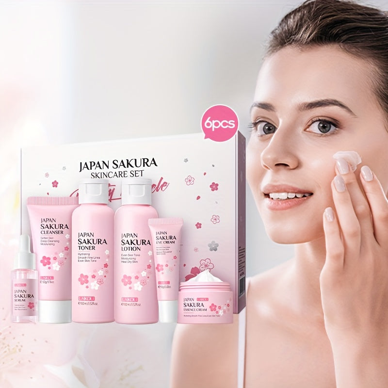 Sakura Skin Care - Caja de regalo (6 unidades): Limpiador con control de grasa (50 g), Sérum (0,57 oz), Crema facial (25 g), Sérum para unificar el tono de la piel (0,57 oz), Loción tónica hidratante (3,38 oz)