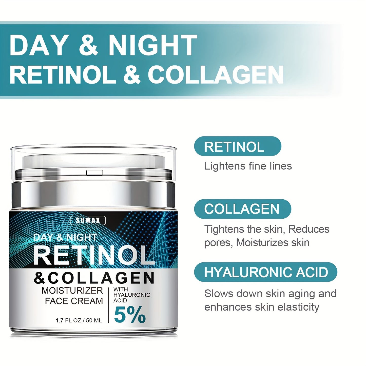 Crema hidratante facial de lujo con retinol de 50 ml: hidratante y antiedad, ideal para el cuidado de la piel de día y de noche para mujeres y hombres. No grasa, se absorbe rápidamente y mejora la elasticidad y firmeza de la piel.