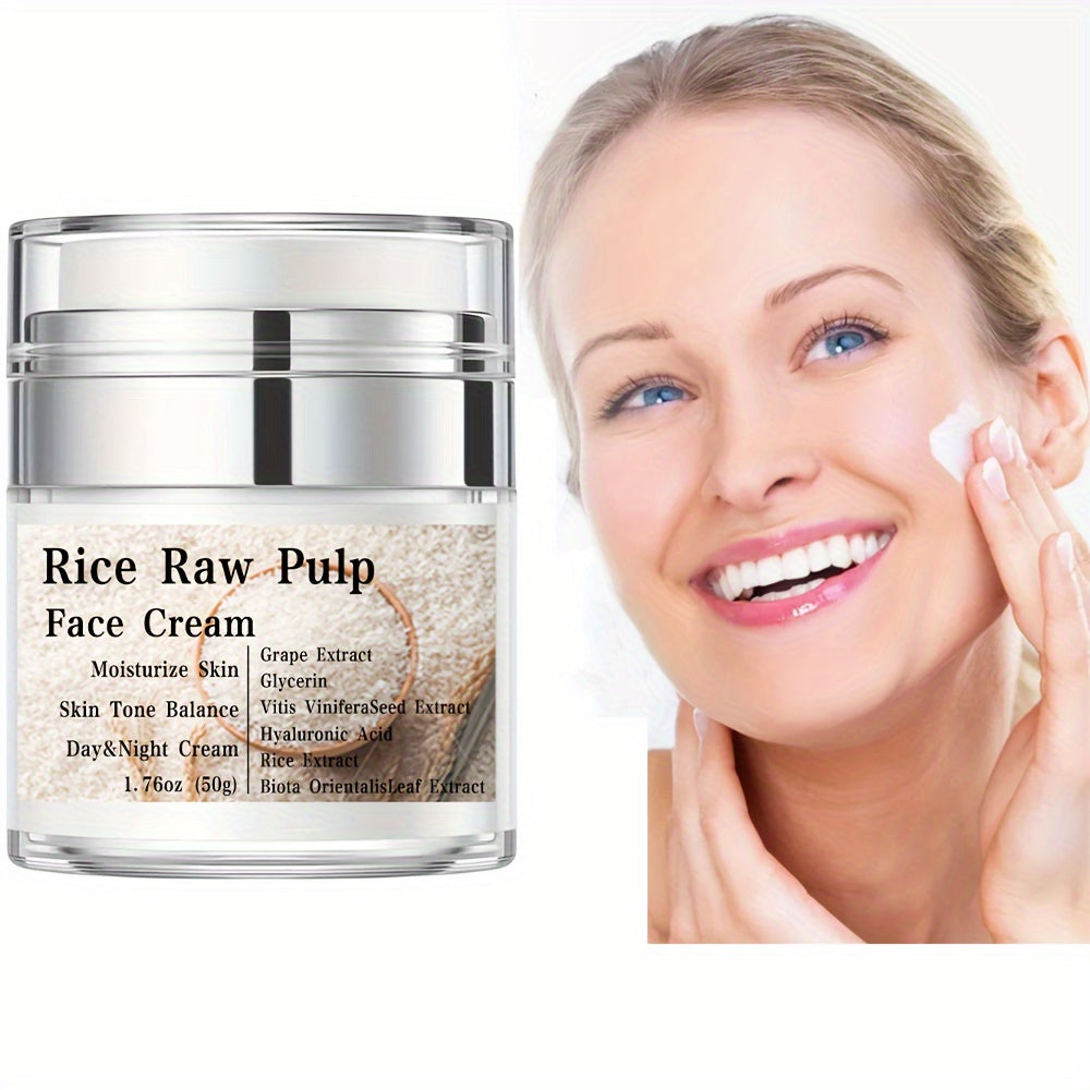 Crema facial de pulpa de arroz crudo, con ácido hialurónico y extracto de uva, rejuvenece la piel, loción hidratante para el cuidado de la piel femenina, piel visiblemente más joven, piel firme, crema de día y de noche, 50 g (1.76 oz)
