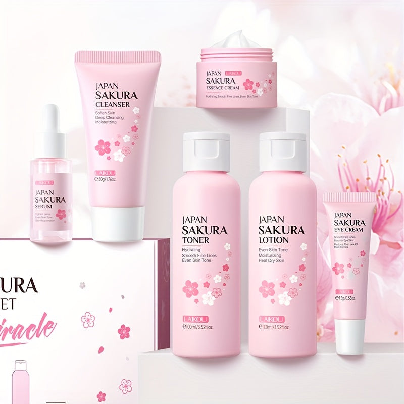 Sakura Skin Care - Caja de regalo (6 unidades): Limpiador con control de grasa (50 g), Sérum (0,57 oz), Crema facial (25 g), Sérum para unificar el tono de la piel (0,57 oz), Loción tónica hidratante (3,38 oz)