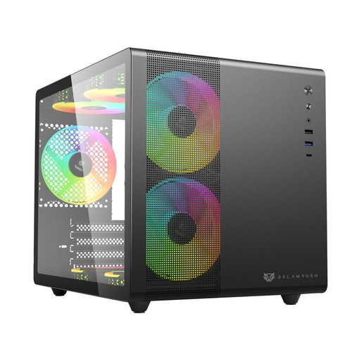 Gabinete Gamer Balam Rush Mini Torre Tank Mini GI930 / Max MB M-ATX / GPU 340 mm / 1xUSB 3.0 + 1x USB Tipo C + Audio + 3xFan RGB / Panel Izq Cristal + Frontal con Malla / Legend Negro