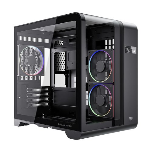 Gabinete Gamer Balam Rush Mini Torre con Display Tank Expert Curve 6400 / Max MB M-ATX / GPU 350 mm / 1x USB Tipo C 3.1 + 1x USB 3.0 + 1 USB 2.0 + Audio + 3x Ven ARGB / Paneles de Cristal / Legend Negro