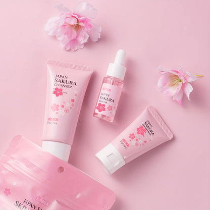 LAIKOU Sakura Cleanser - Set de 3 piezas para el cuidado de la piel: Limpiador facial (50 g), Suero (0,57 oz), Hidratante (30 g), Tono de piel uniforme, Suaviza las líneas de expresión.