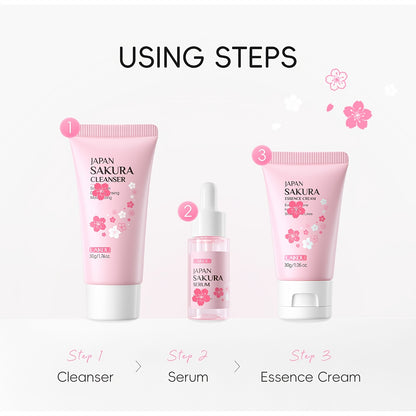 LAIKOU Sakura Cleanser - Set de 3 piezas para el cuidado de la piel: Limpiador facial (50 g), Suero (0,57 oz), Hidratante (30 g), Tono de piel uniforme, Suaviza las líneas de expresión.