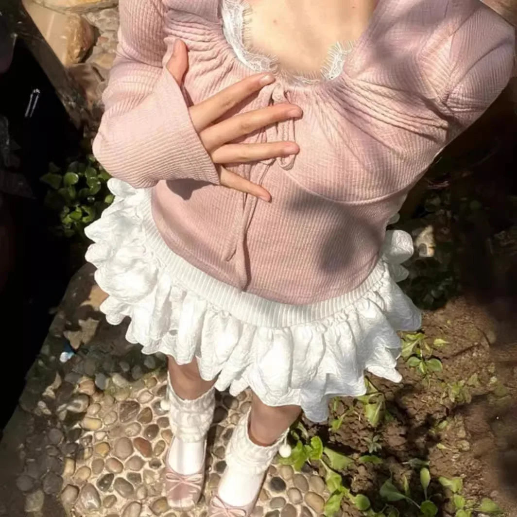 Falda corta estilo Lolita Kawaii para mujer, minifalda plisada blanca con volantes, capas de patchwork y cintura alta, para verano de 2024