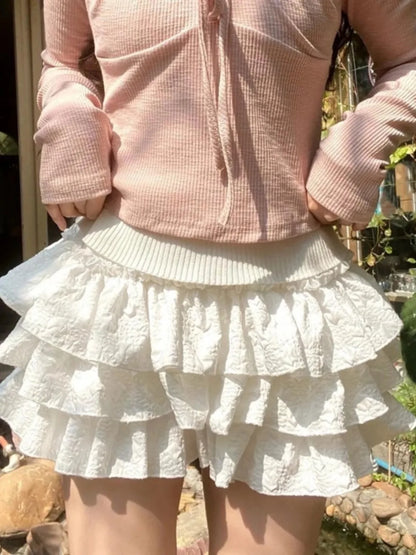 Falda corta estilo Lolita Kawaii para mujer, minifalda plisada blanca con volantes, capas de patchwork y cintura alta, para verano de 2024