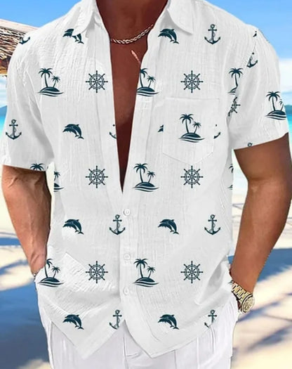 Camisa hawaiana informal para hombre, nueva camisa de verano con estampado 3D azul marino, camisa informal de manga corta, ropa transpirable para hombre