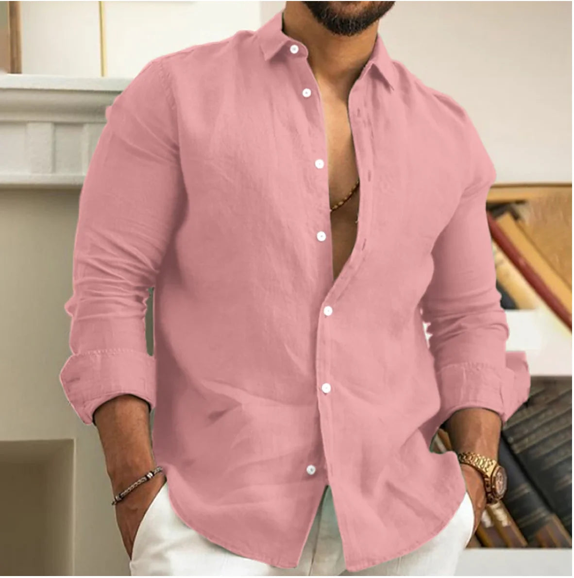 Camisa de lino y algodón para hombre, camisa de verano con botones, camisa de playa, manga larga, solapa lisa, ropa informal de uso diario para primavera y verano