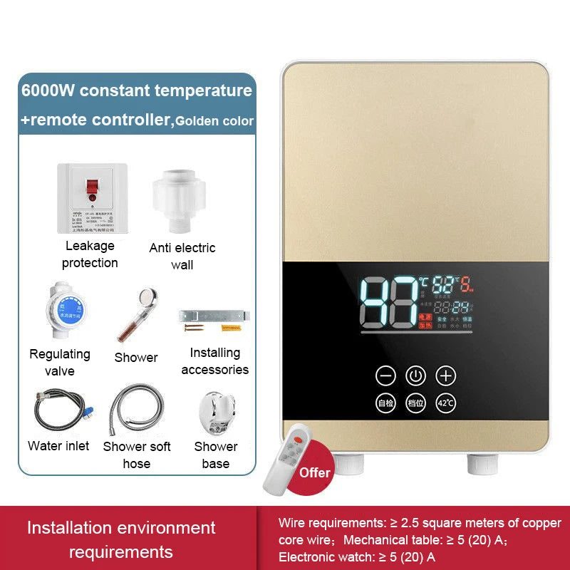 Calentador de agua eléctrico instantáneo DMWD con control remoto para baño y cocina, sin tanque, para ducha con grifo y pantalla LED de temperatura