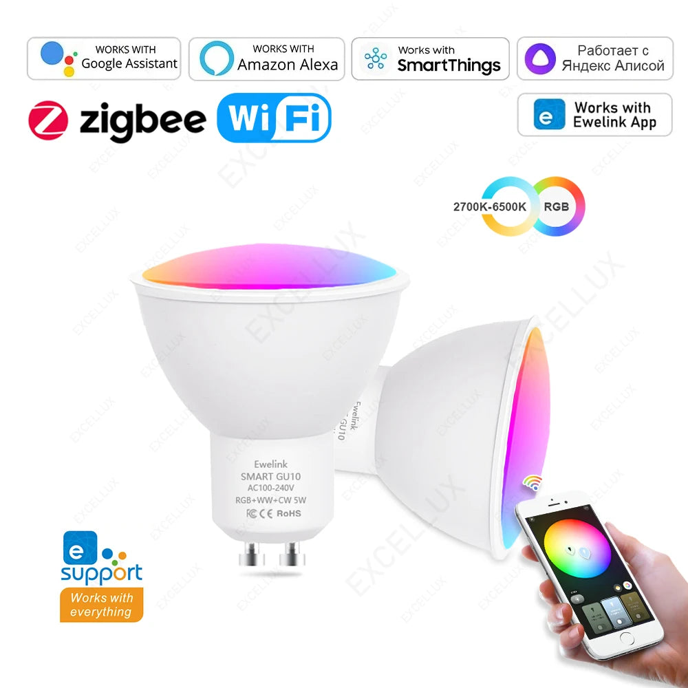 Bombillas LED inteligentes ZigBee GU10 WiFi RGB W+C 5W regulables con control por app. Compatibles con Alexa, Google y Alice Hub.