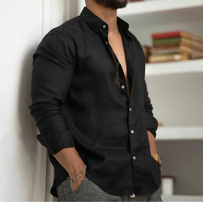 Camisa de lino y algodón para hombre, camisa de verano con botones, camisa de playa, manga larga, solapa lisa, ropa informal de uso diario para primavera y verano