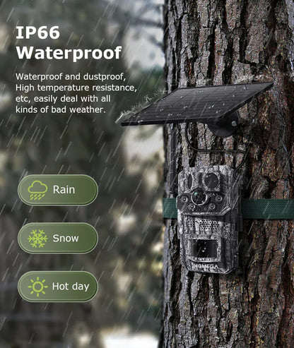 Cámara INQMEGA4G 2K 5MP con sensor de movimiento PIR, temporizador de disparo, visión nocturna, IP66, ideal para caza, senderismo, fauna silvestre, con batería y carga solar.