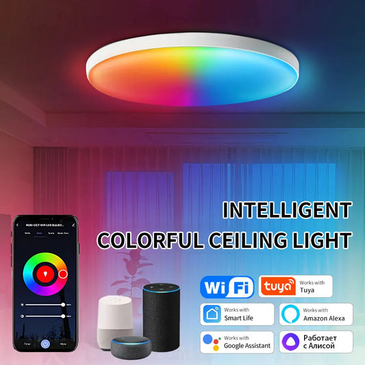 Lámpara de techo inteligente Tuya con WiFi, 24 W, 220 V, RGB, circular, ambiental, control por app, compatible con Alexa y Google Home. Ideal para la decoración del dormitorio.