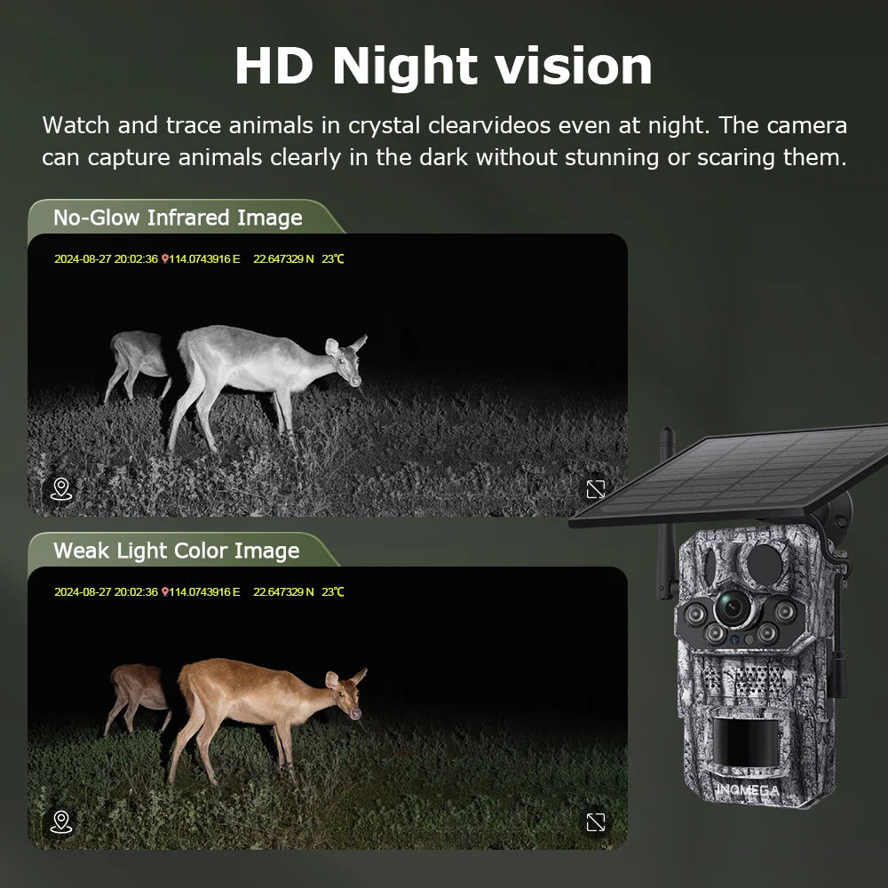 Cámara INQMEGA4G 2K 5MP con sensor de movimiento PIR, temporizador de disparo, visión nocturna, IP66, ideal para caza, senderismo, fauna silvestre, con batería y carga solar.