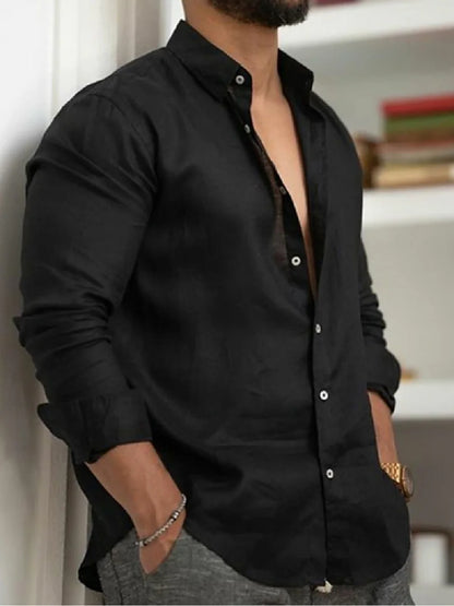Camisa de lino y algodón para hombre, camisa de verano con botones, camisa de playa, manga larga, solapa lisa, ropa informal de uso diario para primavera y verano