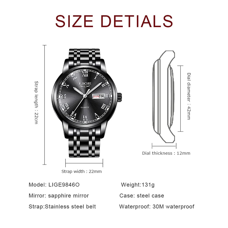 LIGE, nueva marca de lujo, reloj de pulsera de primera moda para negocios y ocio, relojes deportivos impermeables, reloj de cuarzo con calendario, reloj Masculino