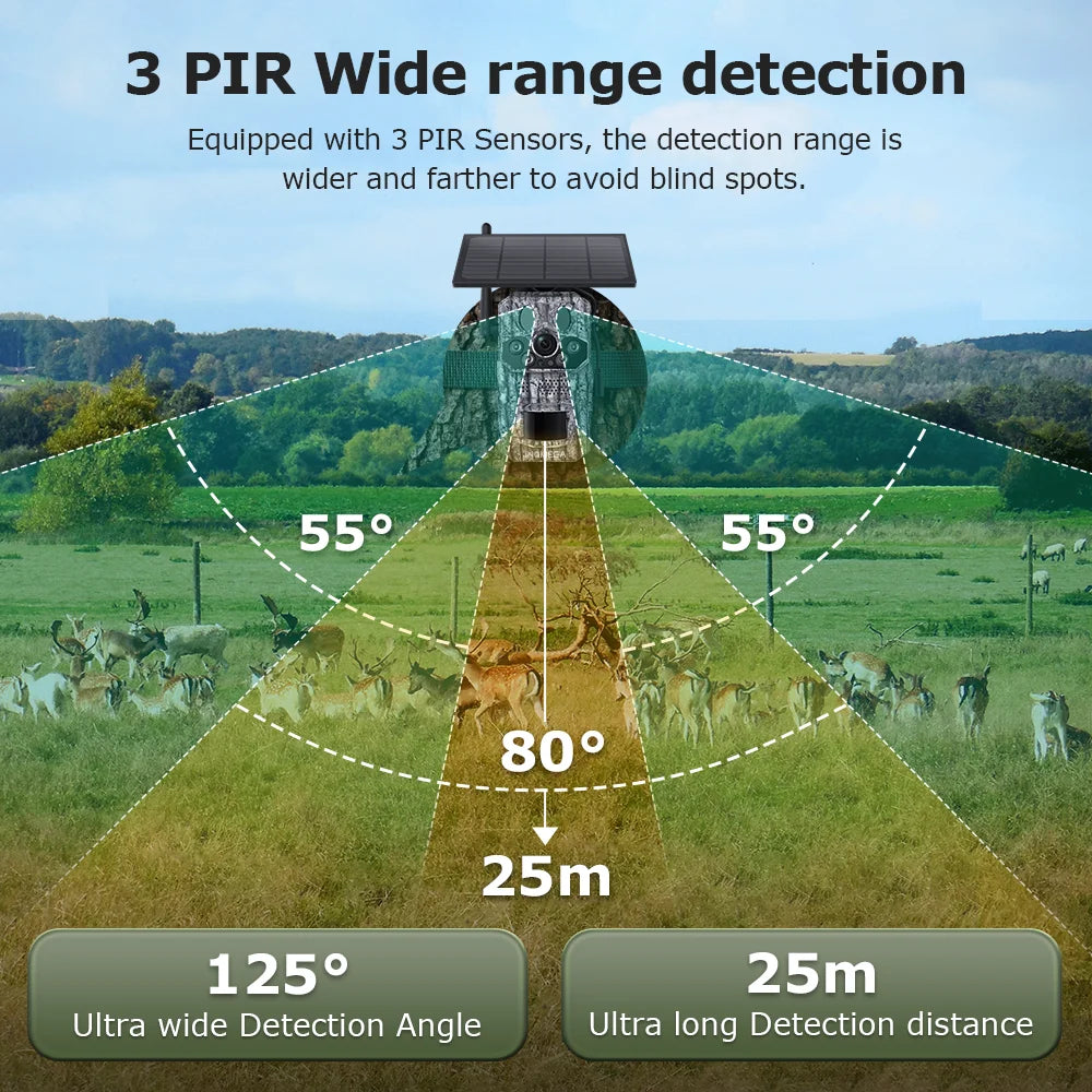 Cámara INQMEGA4G 2K 5MP con sensor de movimiento PIR, temporizador de disparo, visión nocturna, IP66, ideal para caza, senderismo, fauna silvestre, con batería y carga solar.