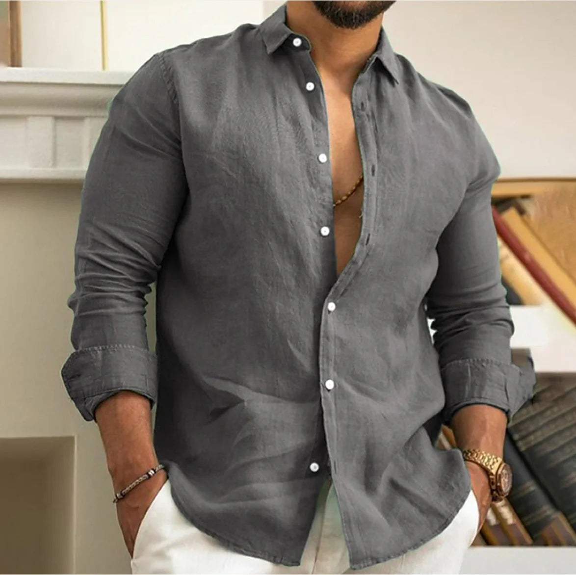 Camisa de lino y algodón para hombre, camisa de verano con botones, camisa de playa, manga larga, solapa lisa, ropa informal de uso diario para primavera y verano