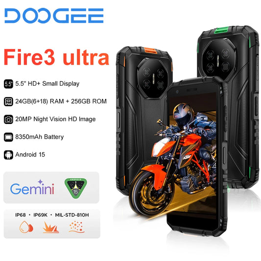 Nuevo Doogee Fire 3 Ultra Resistente (2025): Smartphone 5G, pantalla HD de 5.5", 24 GB de RAM, 256 GB de ROM, batería de 8350 mAh, Android 15, NFC.