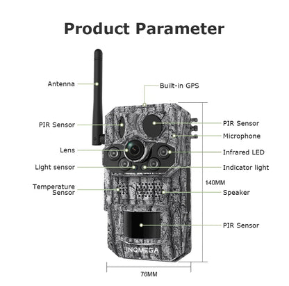 Cámara INQMEGA4G 2K 5MP con sensor de movimiento PIR, temporizador de disparo, visión nocturna, IP66, ideal para caza, senderismo, fauna silvestre, con batería y carga solar.