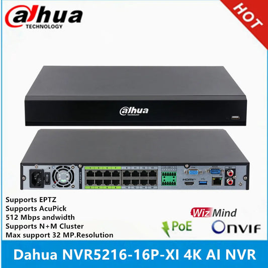 NVR Dahua NVR5216-16P-XI de 16 canales con 16 puertos PoE, ancho de banda máximo de 512 Mbps, resolución de 32 MP, lector NVR WizMind 4K con IA.