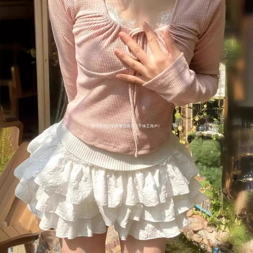 Falda corta estilo Lolita Kawaii para mujer, minifalda plisada blanca con volantes, capas de patchwork y cintura alta, para verano de 2024